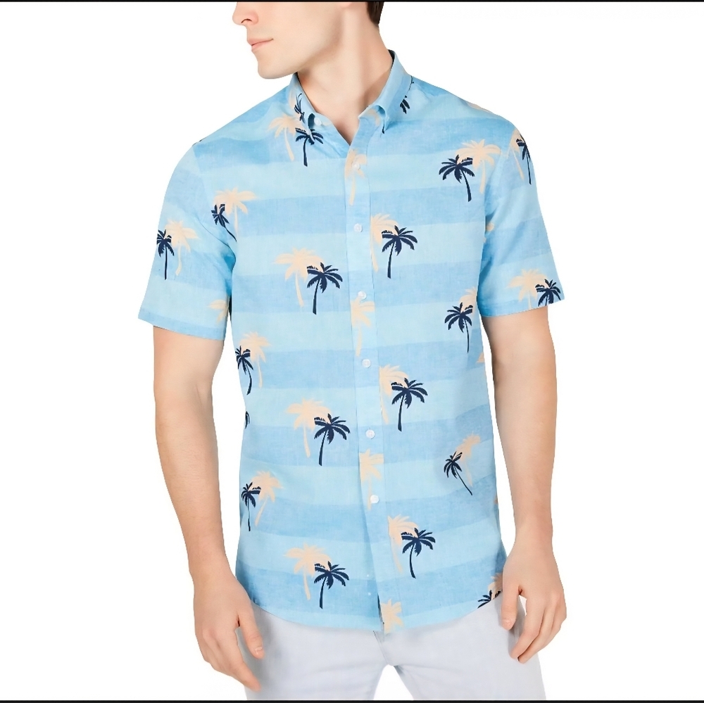 HUNT CLUB Linen/Cotton Blend Mens' Tropical Button-down Shirt, Size XL, Blues